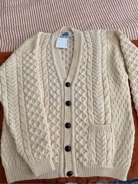 John Molloy Cream Cable-Knit Men’s Cardigan Made in Ireland 100% Wool